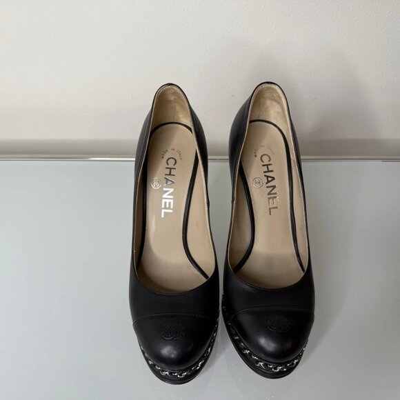 Chanel Black Leather Platform Silver Chain Pump Heel Shoes Sz 36 EU CC Cap Toe - Picture 4 of 12